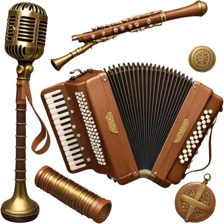 Create a colorful and cultural humanless emoji representing folk singing. The design should feature a collage of traditional folk instruments, such as a wooden flute (dudka), a button accordion (harmon), a set of gusli, and a tambourine (buben), all arranged in a harmonious, flowing design around a vintage microphone. The instruments should have earthy, natural tones like wood browns, brass accents, and vibrant colors reflecting their folk origins. Add subtle musical notes to tie the elements together, symbolizing the power of folk music. The background should be transparent. emoji