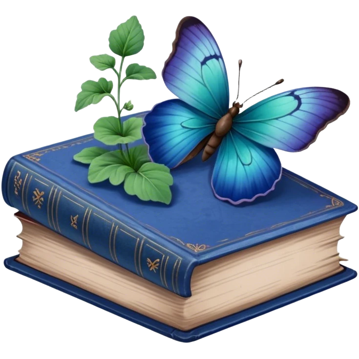 A vintage book with a worn blue cover, open to reveal pressed pansies and a resting green butterfly. emoji