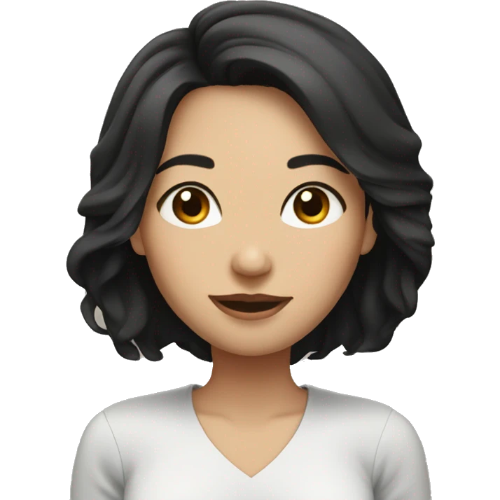 light brunette woman, with shoulder-length black hair and pretty emoji