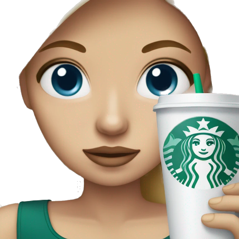 blonde girl blue eyes with Starbucks cup drink emoji