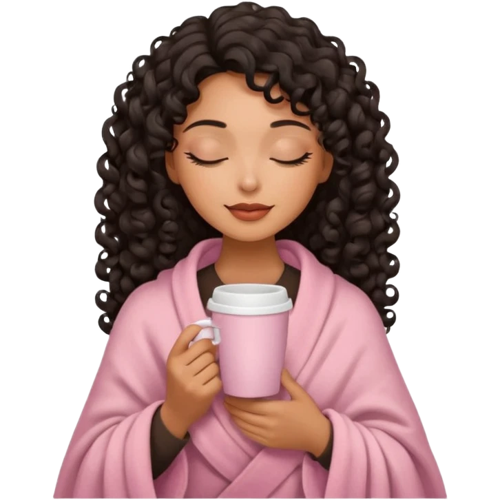 hispanic woman, deep tan skin, black long 3b curls, closed eyes, feminine face, holding soft pink coffee cup with beige blanket over shoulders emoji