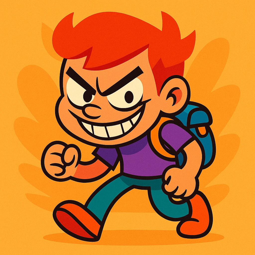 cartoon character with red hair, evil grin, tiny backpack, vibrant toon style emoji