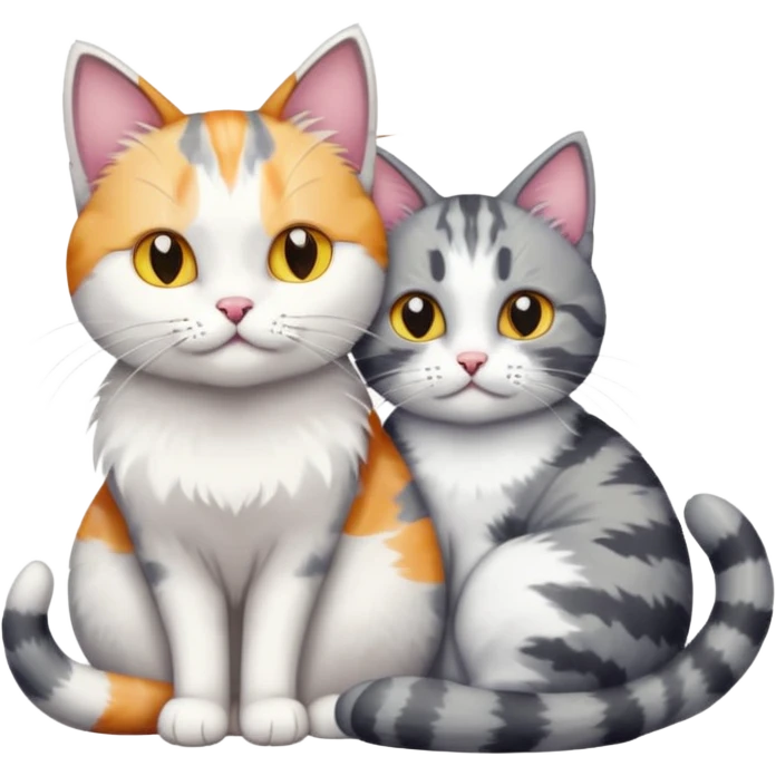 grey and white cat cuddling a colourful light patched calico + white tabby cat emoji