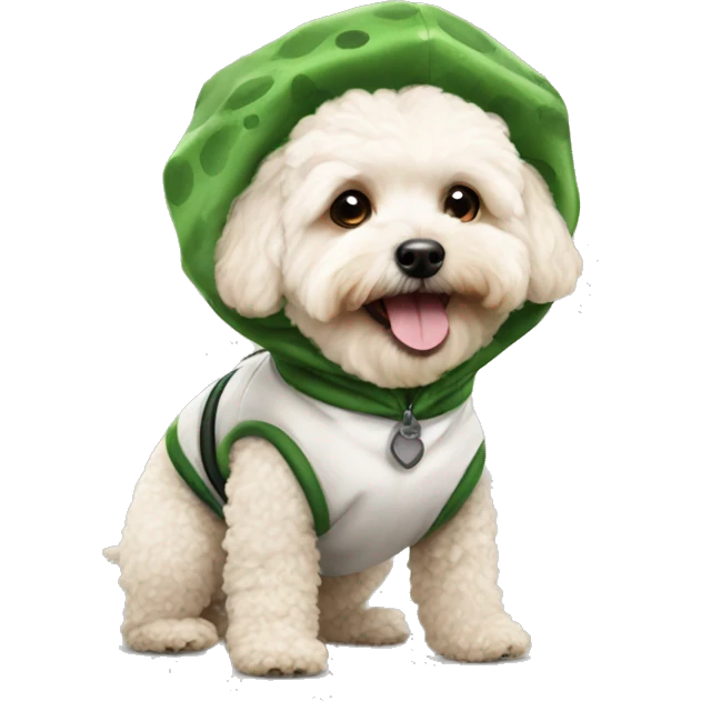Maltipoo wearing a Dino costume emoji