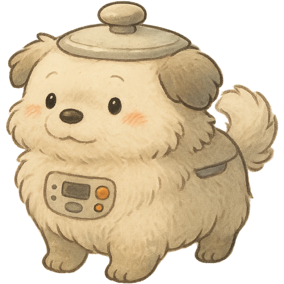 chibi soft fluffy dog inspired by a rice cooker with appliance features blended into its body full-body emoji