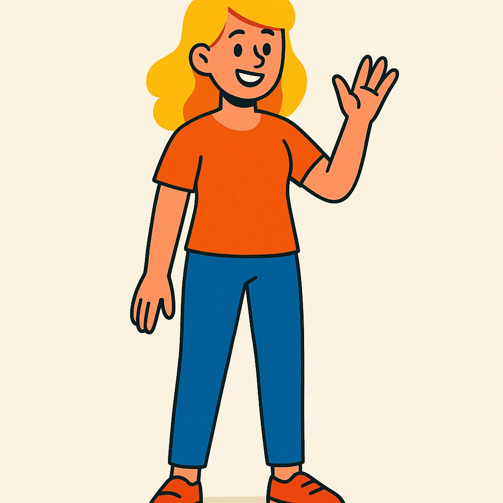 woman with blond hair, full body, orange shirt, modern illustration emoji