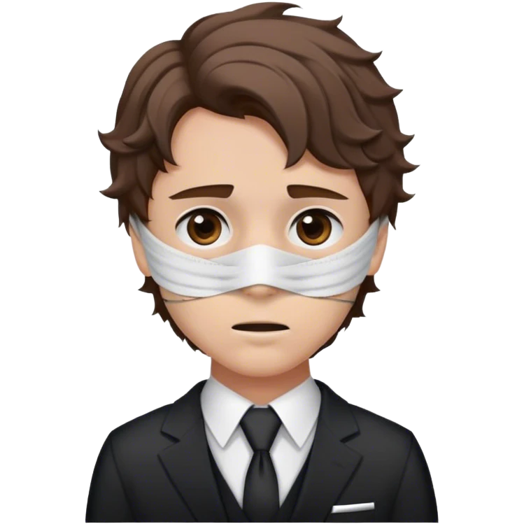 A guy with short brown wavy hair an eye bandage with brown eyes and a neck bandage wearing a suit and death staring emoji