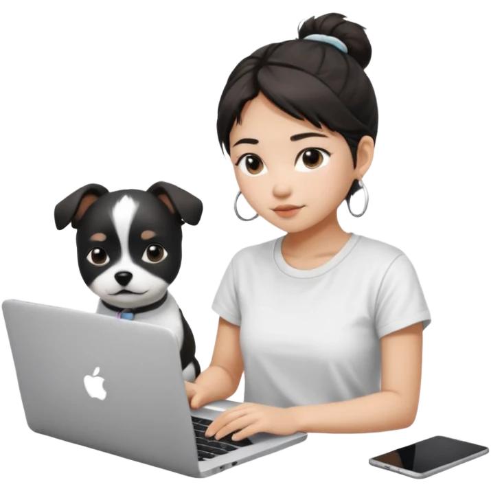 Asian girl with messy bun hair, wearing a white t-shirt, working on an Apple laptop, next to her is a small black and white dog emoji