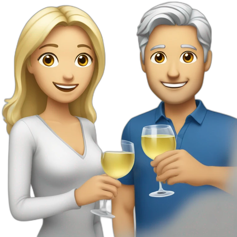 A woman with brown eyes and blond hair and a man with blue eyes and grey hair, they toast to each other with a glass of white wine. emoji