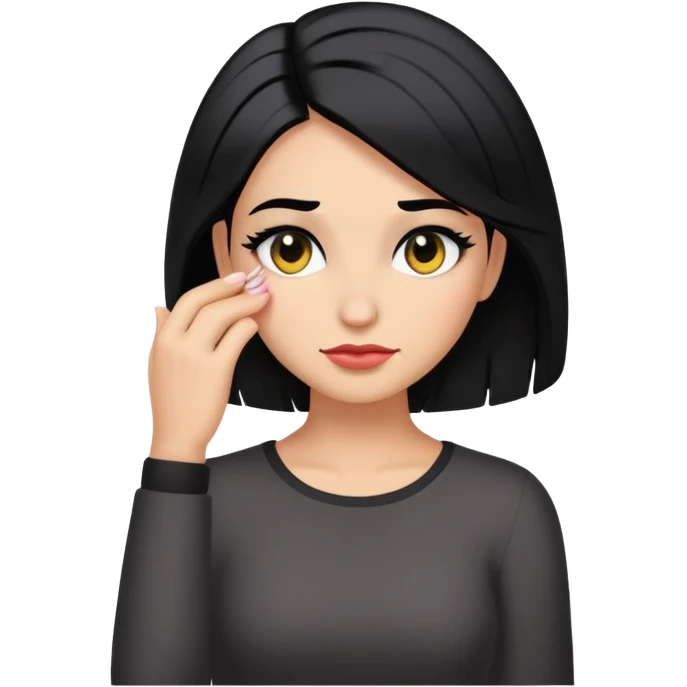 confident smirk face looking down with makeup, black hair, hand in hair, extra emoji-like emoji