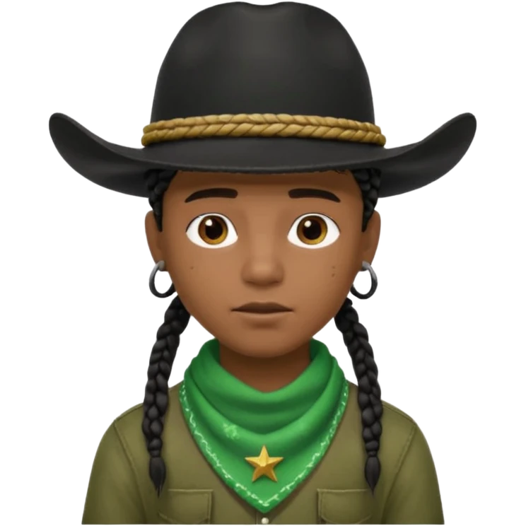 Black boy with short box beaids wearing a black cowboy hat with green bandana around his neck emoji