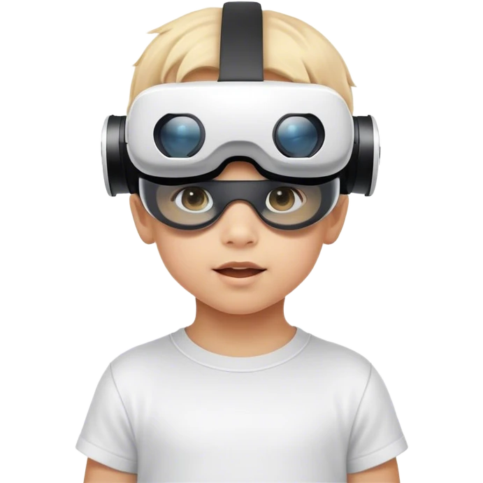 Child wearing virtual reality glasses, with a curious and engaged expression, exploring the digital world through VR technology. emoji