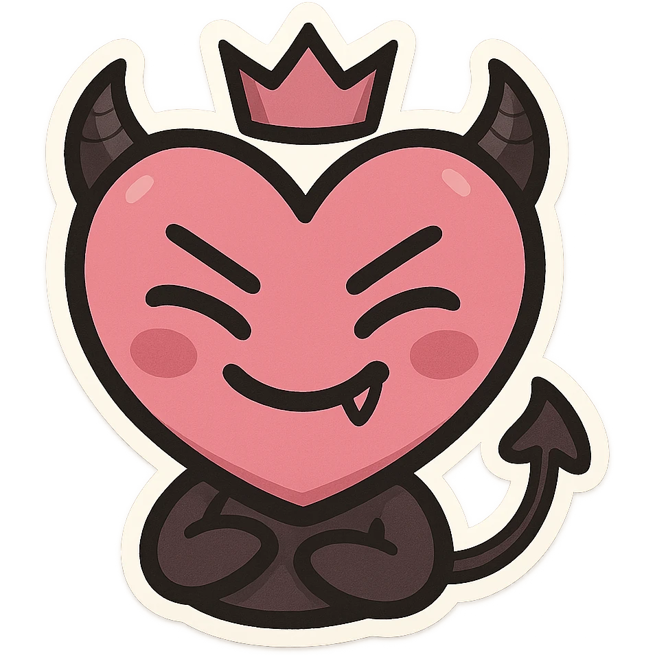 devil emoji, chibi style, pink and black colors, heart-shaped face, small horns, mischievous grin, cute expression, crown accessory emoji
