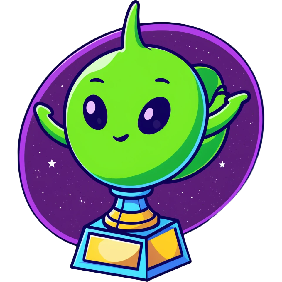 An alien trophy award with swirling cosmic colors, deep space nebula hues, and star patterns emoji