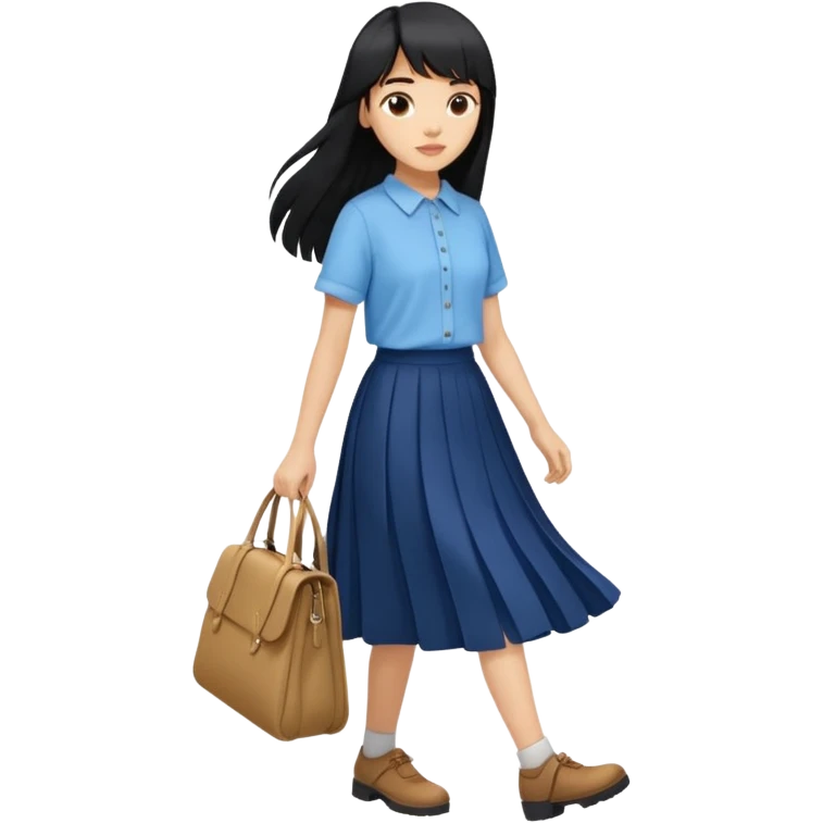 hair : black long hair with fringe 
skin : light 
cloth : oversize light blue shirt + navy long long skirt 
motion : walking without bag  emoji
