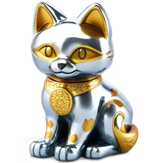 fully chrome fox statue in the form of maneki neko emoji