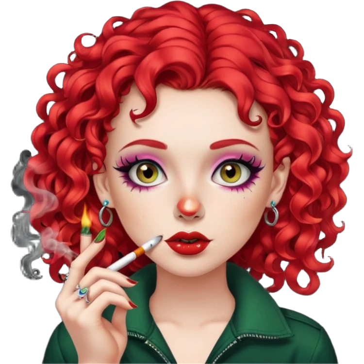 bright red curly hair alt girl with makeup and piercings smoking a joint emoji