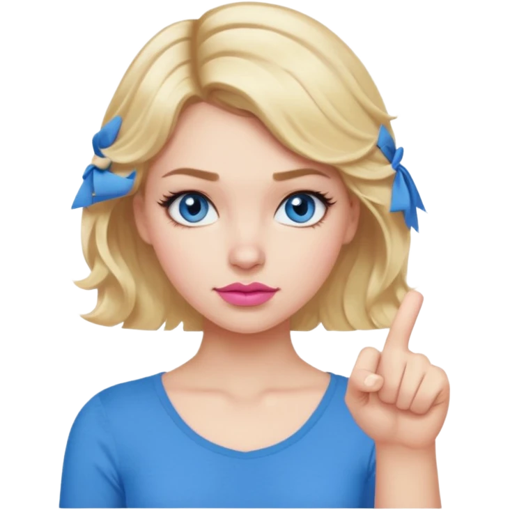 Girl Blonde short wavy hair,  blue eyes, cute blue top, long lashes, pink lips, thumbs down 👎  emoji