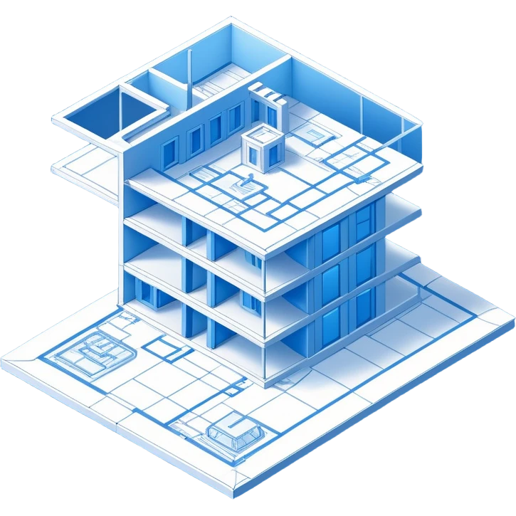 isometric view of blue blueprint plan with white lines and shaded 3D objects emoji
