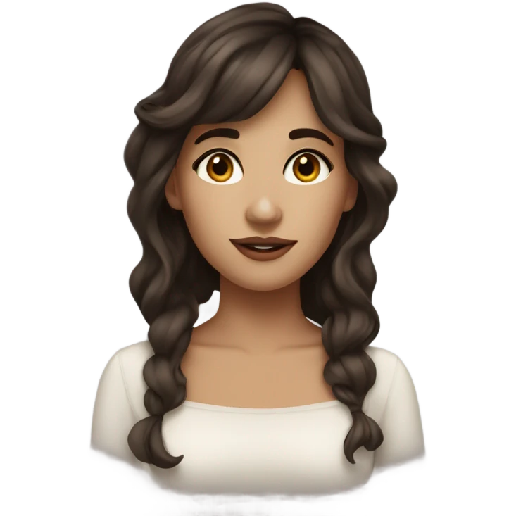 a beautiful clean aesthetic woman with usual skin brunette wavy hair with bang and dark eyes  emoji