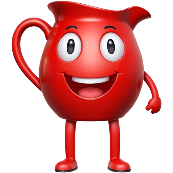 A red pitcher-shaped character with a smiley face, arms and legs, looking excited and happy, saying Oh Yeah! emoji