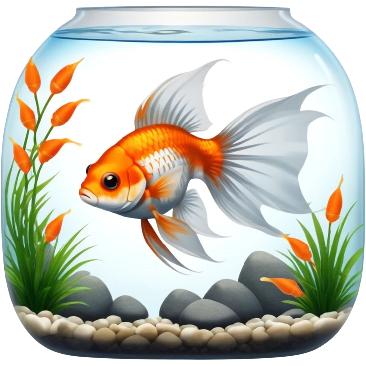 Large aquarium fish like veil tails and lionhead goldfish swimming gracefully in a beautifully decorated aquarium. Colorful aquatic plants, smooth rocks, and gentle bubbles surround the fish. The water shimmers in sunlight, creating a peaceful and vibrant underwater scene. Transparent background. emoji
