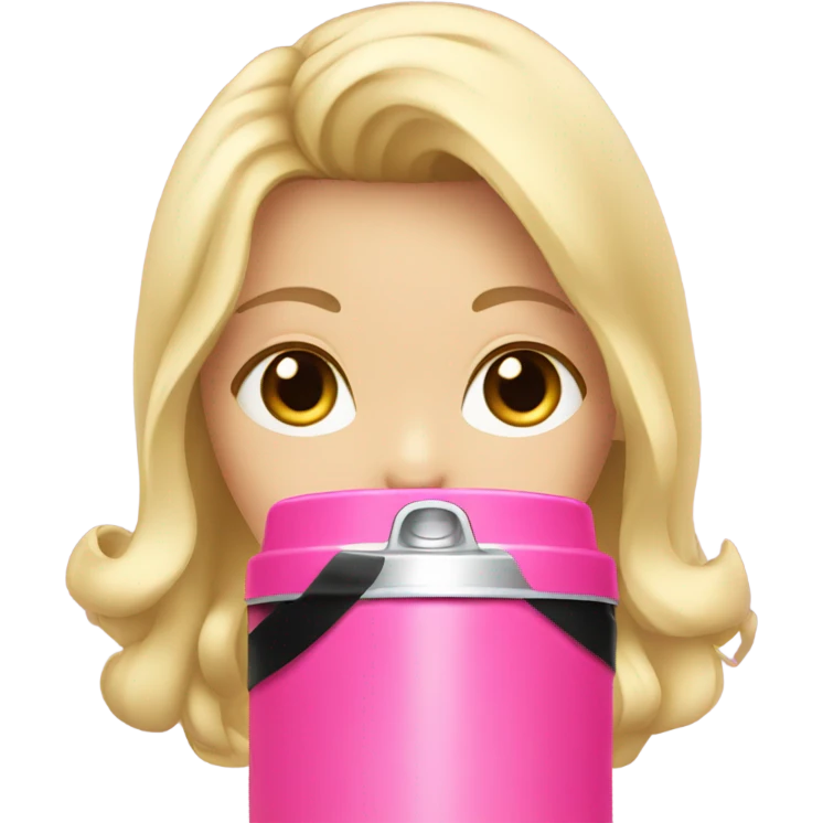 Blonde girl with black ribbon drinking from Pink thermos emoji