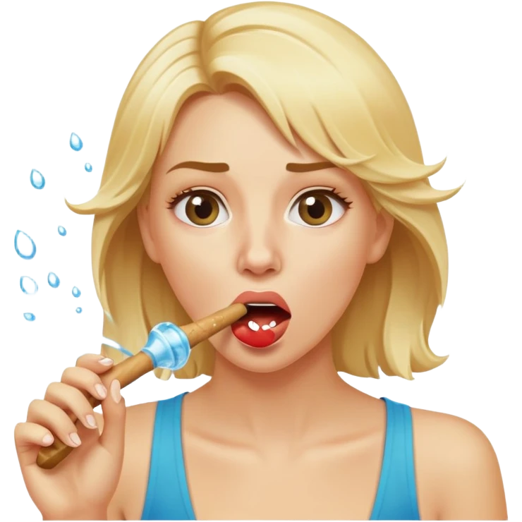 blond woman biting a skin-tone stick, water jet shooting from the stick into her mouth, surprised look emoji
