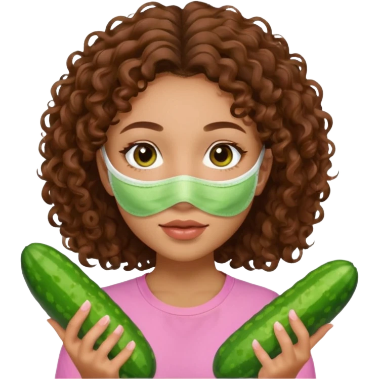 lightskin girl with green skincare facemask and cucumbers and brown curly hair and a pink shirt  emoji