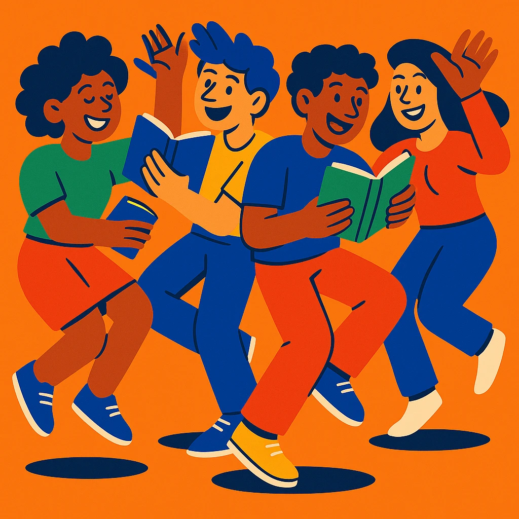 Group dance with several people dancing together while reading books, joyful and energetic, vibrant and playful style emoji