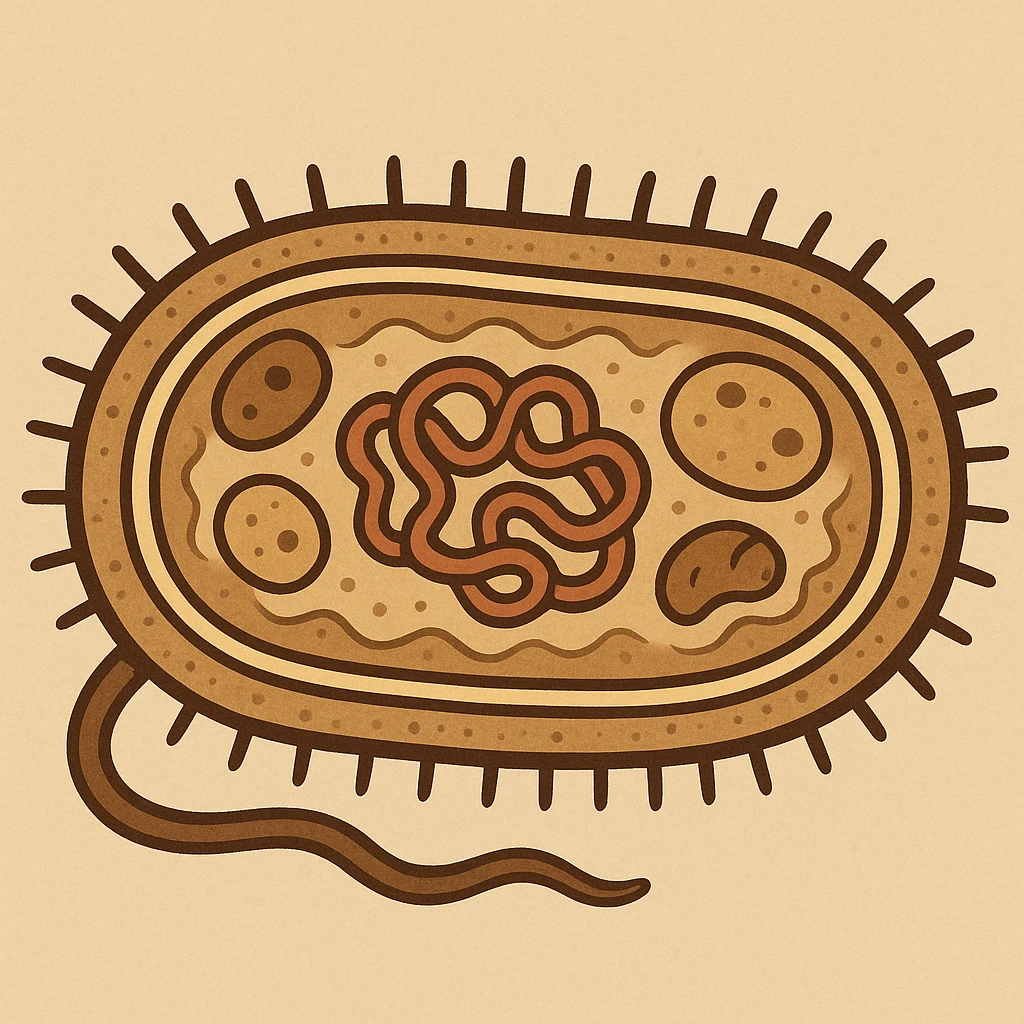cartoon bacteria cutaway, internal structures, earth tone color palette emoji