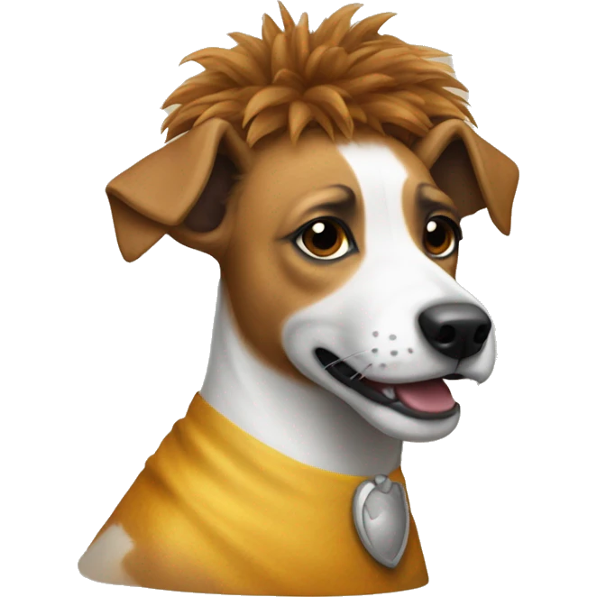 a jack russel wearing a lion costume with lion's mane emoji