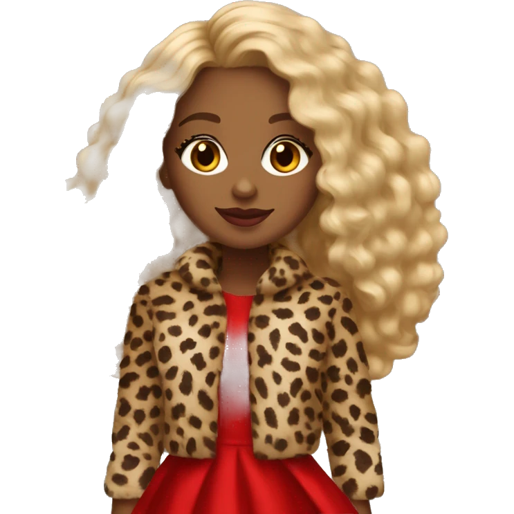 Brown girl curly long blonde hair wearing cheetah fur coat red dress and red heels  emoji