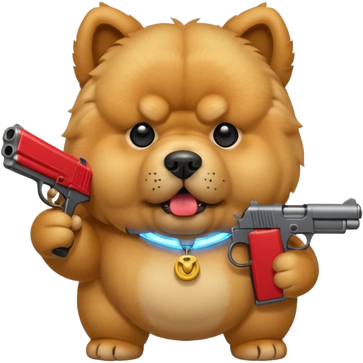 Funny cartoon-style chow chow dog with light fur standing on its hind legs and holding a gun menacingly emoji