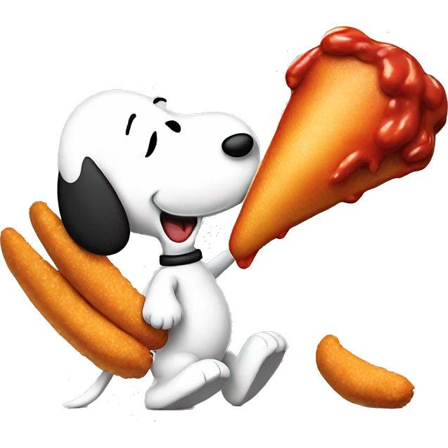 Crying snoopy eating a hot wing while being kick by peanut emoji