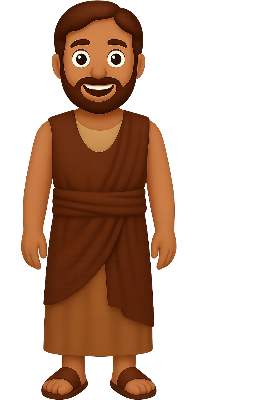 Create a centered full body image of Apostle Peter facing straight, wearing a sleeveless shirt and plain robes in classic emoji style. Use a brown clothes color palette with beige details in reverse color palette. He should have a detailed beard and be smiling with no background. The style should mimic classic emoji style with no background. emoji