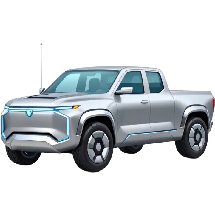 A futuristic electric pickup truck emoji, silver chrome body, angular cyber design, smooth metallic panels, subtle reflections, minimalistic proportions, iOS emoji style, centered composition, clean white background, soft lighting emoji