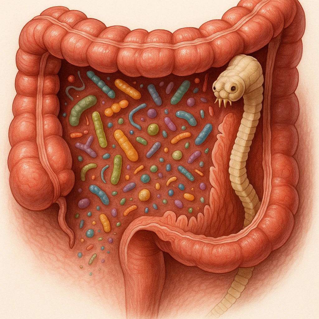 a medical illustration of a human realistic gut with bacteria and parasyte (tenia) emoji