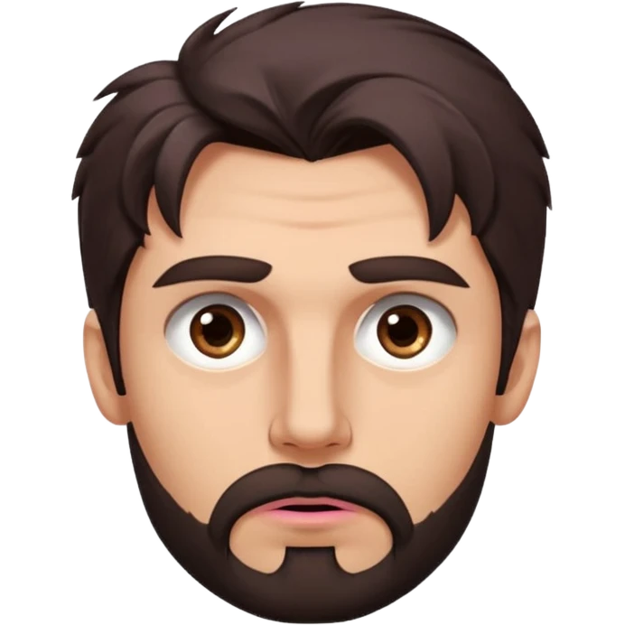 Handsome white man with big brown eyes thin pink lips long nose and dark brown messy hair cover his forhead eyes like a mad chin beard emoji