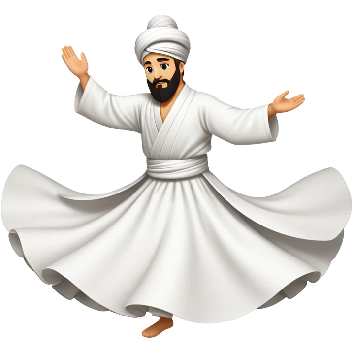 Cinematic Realistic Whirling Dervish Dance Emoji, depicted as a mesmerizing traditional Sufi dance scene with flowing robes and dynamic movement, rendered with vibrant textures and swirling mystical lighting that captures its spiritual energy. emoji