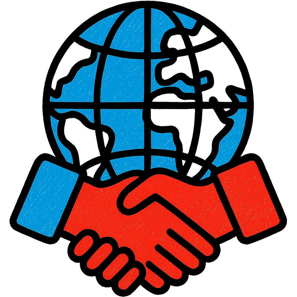 A vibrant icon representing a unified partner in international trade with a globe and handshake, using only colors #1E90FF, #F13816, and #FFFFFF emoji