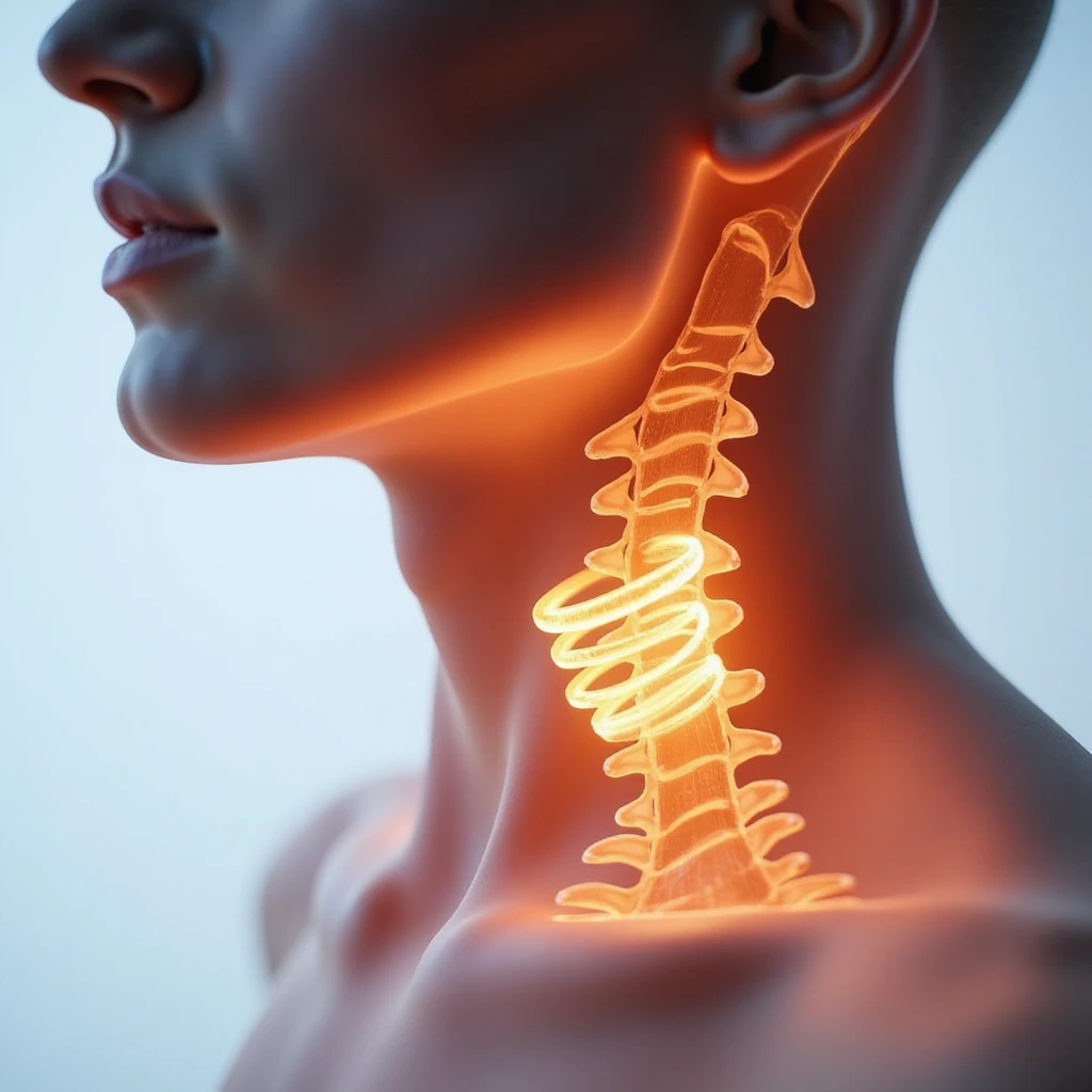 Educational illustrative 4K image showing thyroid highlighted in human neck with arrows indicating release of T3 and T4 hormones to body tissues emoji
