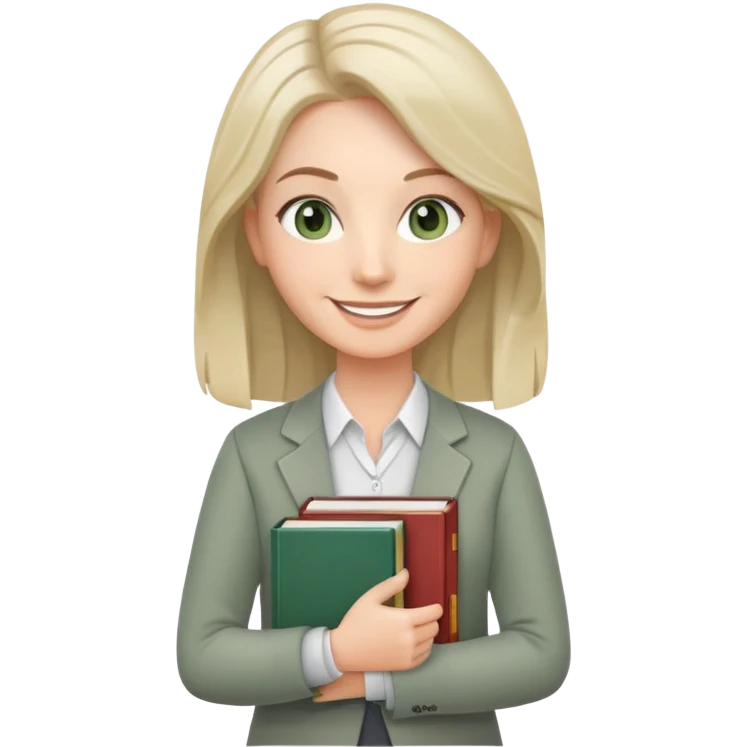 smiling English teacher with airtouch hair and grey-green eyes holding books and teaching materials emoji