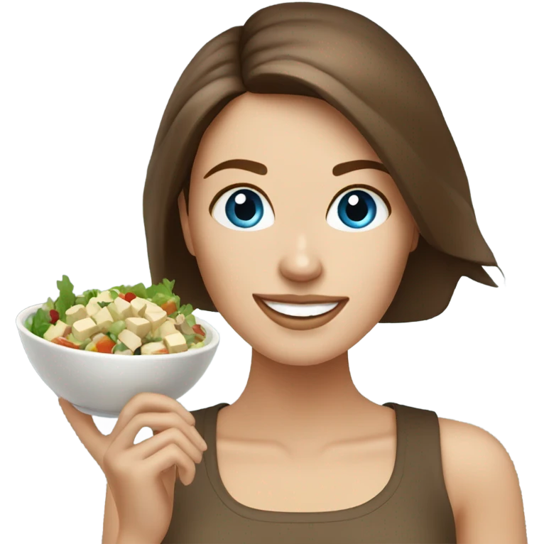 White girl Brown hair blue eyes eating Tofu salad emoji