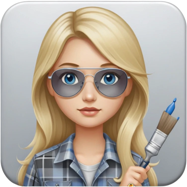 girl with long blond hair, wearing grey plaid shirt with blue eyes and aviator sunglasses wearing a ring on her silver necklace, holding a paint brush roller with a small bit of paint on her face emoji