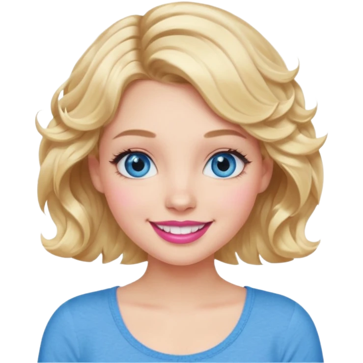 Girl Blonde short wavy hair,  blue eyes, cute blue top, long lashes, pink lips, 👄 big smile emoji