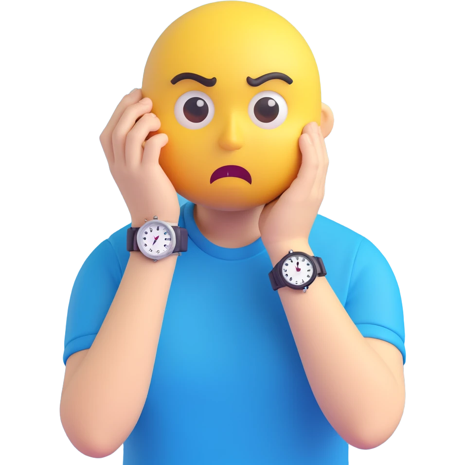A yellow emoji face with a worried expression, looking at a wristwatch with raised eyebrows, showing urgency and stress emoji