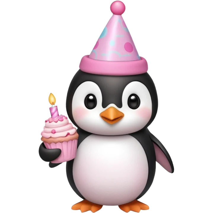 cute penguin  hold a pink birthday cake in both arms with pink birthday hat emoji