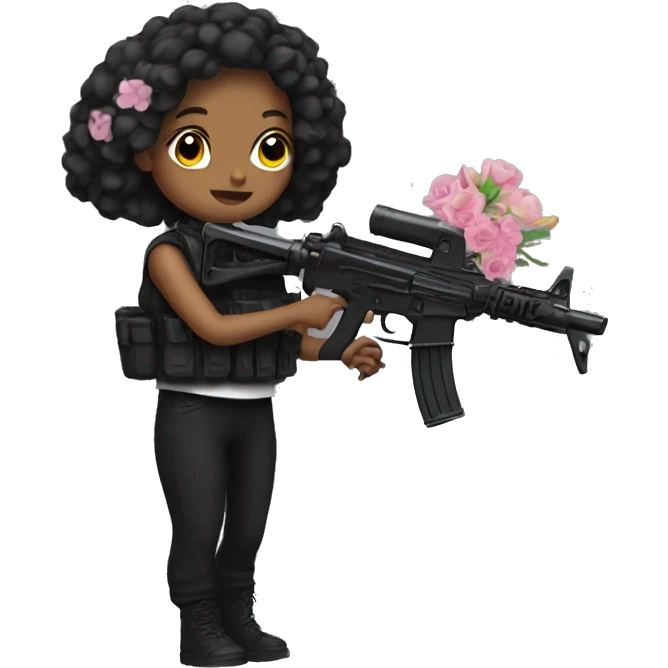 Girl in black, with a machine gun and flowers emoji