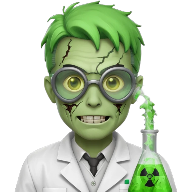 radioactive zombie scientist portrait, head and shoulders only, glowing toxic veins, cracked goggles, lab coat with radiation badge, sinister smile, 3D cartoon, mobile game icon style, clean background, no text, no watermark
 emoji